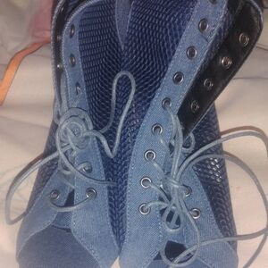 Blue Women's Lace-Up Denim Heels